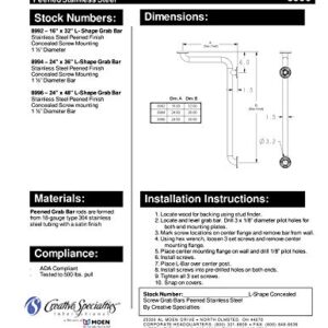 Moen 8994 24-Inch x 36-Inch L-Shaped Bathroom Grab Bar, Peened