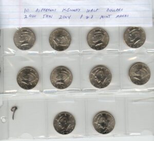 kennedy half dollars- 5 years, 1995, 1996, 1997, 1998, 1999 5 d mints and 5 p mints 10 different coins- no duplicates-