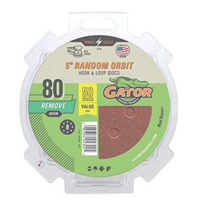 gator 5" random orbit hook & loop red resin aluminum oxide sanding discs, 8-hole, 80 grit, 50 pack