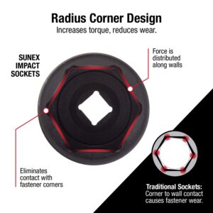 Sunex 224XD, 1/2 Inch Drive, 3/4 Inch Extra Long Deep, Impact Socket, Cr-Mo Alloy Steel, Radius Corner Design, Dual Size Markings