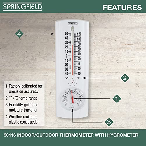 Springfield Vertical Thermometer and Hygrometer, Indoor Outdoor Thermometer, Wireless Humidity Meter for Patio, Garden, or Nursery areas (9.125-Inch)