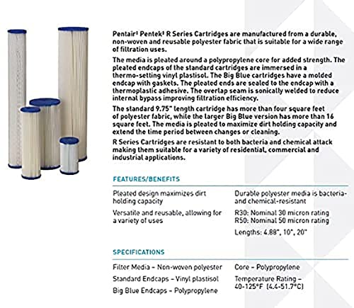 Pentair Pentek R30-20BB Big Blue Sediment Water Filter, Whole House Pleated Polyester Filter Cartridge, 20" x 4.5", 30 Micron, White