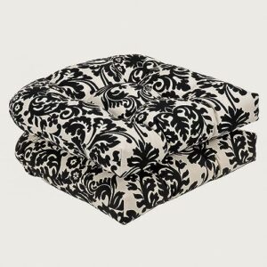 pillow perfect damask indoor/outdoor chair seat cushion, tufted, weather, and fade resistant, 19" x 19", black/ivory essence, 2 count
