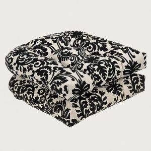 Pillow Perfect Damask Indoor/Outdoor Chair Seat Cushion, Tufted, Weather, and Fade Resistant, 19" x 19", Black/Ivory Essence, 2 Count