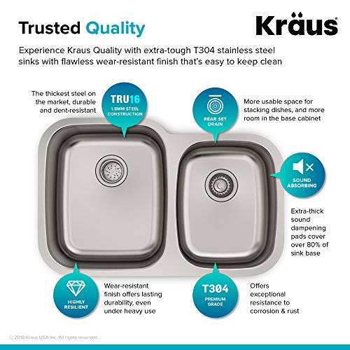 Kraus KBU24 32 inch Undermount 60/40 Double Bowl 16 gauge Stainless Steel Kitchen Sink