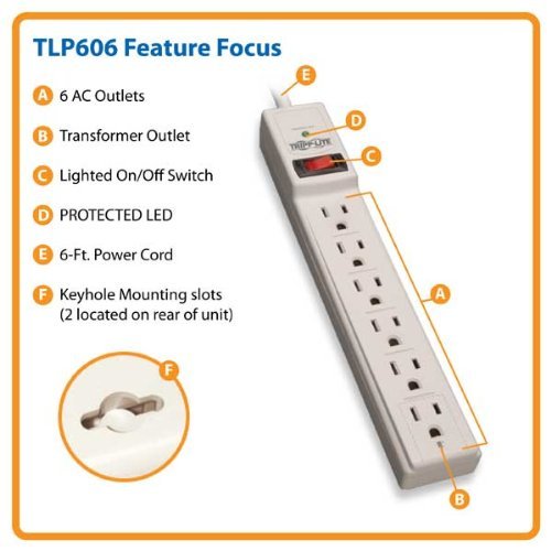 Tripp Lite 6 Outlet Surge Protector Power Strip 6ft Cord 790 Joules LED & INSURANCE (TLP606)