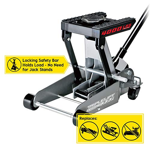 Powerbuilt 2 Ton Triple Lift Floor Jack, Lifts Cars, Trucks, Motorcycles, ATV's, Transmissions, Tie-Down Loops, Locking Safety Bar - 620422E