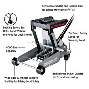 Powerbuilt 2 Ton Triple Lift Floor Jack, Lifts Cars, Trucks, Motorcycles, ATV's, Transmissions, Tie-Down Loops, Locking Safety Bar - 620422E