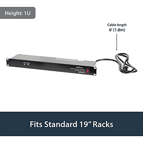 StarTech.com 8 Outlet Horizontal 1U Rack Mount PDU Power Strip for Network Server Racks - Surge Protection - 120V/15A - w/ 6ft Power Cord (RKPW081915)
