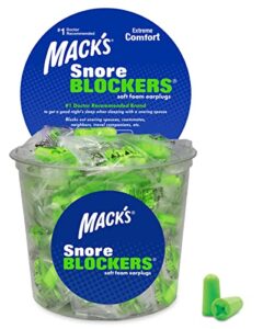 mack's snore blockers soft foam earplugs, 100 pair tub – individually wrapped – 32 db high nrr, 37 db snr – comfortable ear plugs for sleeping, snoring, loud noise and travel