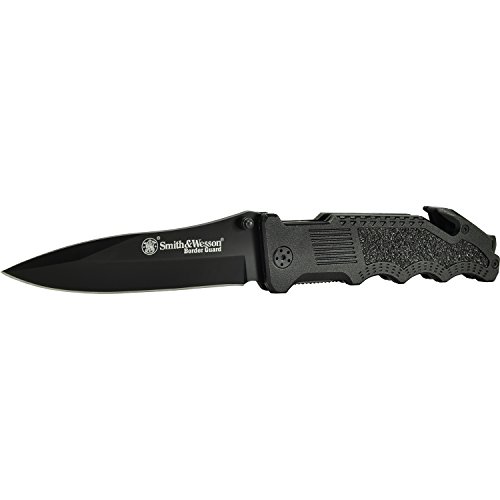 Smith & Wesson Border Guard SWBG1 10in High Carbon S.S. Folding Knife with a 4.4in Drop Point Blade and Aluminum Handle for Outdoor, Tactical, Survival and EDC,Black