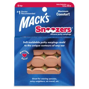 mack's snoozers silicone putty earplugs - 6 pair – comfortable, moldable silicone ear plugs for sleeping, snoring, loud noise & traveling | made in usa