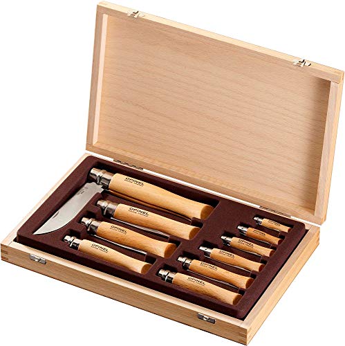 Opinel Stainelss Steel Folding Knife Set - Wooden Boxed Set of 10 Knives, No. 2 - No. 12