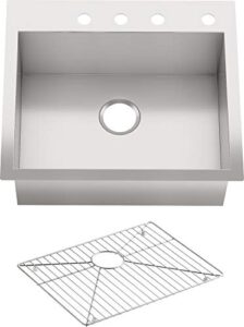 kohler vault 25" single bowl 18 gauge stainless steel kitchen sink with four faucet holes k-3822-4-na drop-in or undermount installation, 9 inch bowl