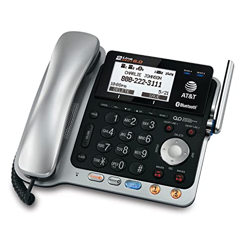 AT&T TL86109 DECT 6.0 2-Line Expandable Corded/Cordless Phone with Bluetooth Connect to Cell, Answering System and Base Speakerphone, 1 Corded Handset and 1 Cordless Handset, Silver/Black