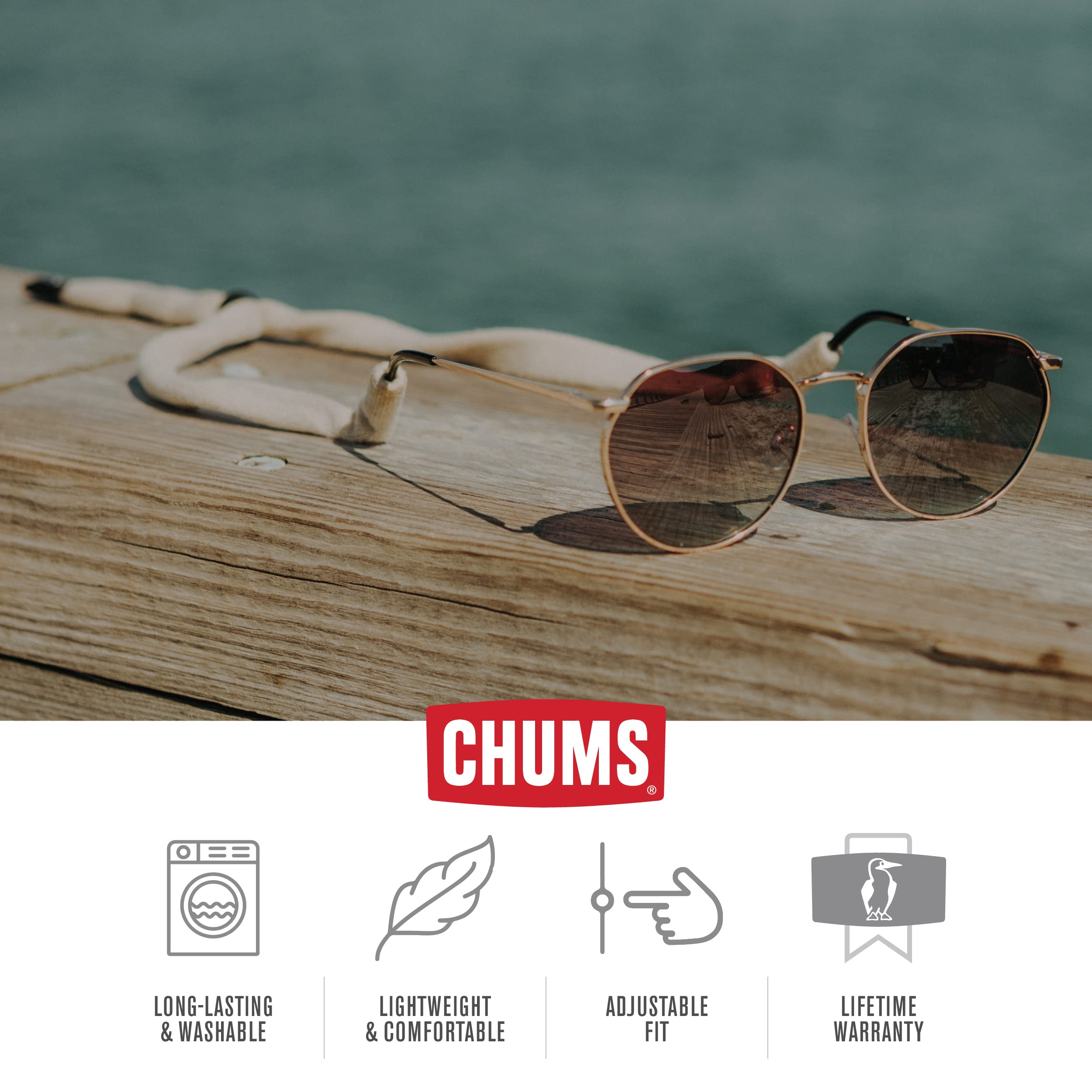 Chums Original Large Frame Cotton Retainer - Unisex Eyewear Keeper for Sunglasses & Glasses - Adjustable Fit, Washable & Made in USA (Large-End, Black)