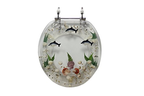 Trimmer Mother of Pearl Polyresin Toilet Seats in Pearl White with Dolphins and Coral