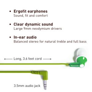 Panasonic ErgoFit Wired Earbuds, In-Ear Headphones with Dynamic Crystal-Clear Sound and Ergonomic Custom-Fit Earpieces (S/M/L), 3.5mm Jack for Phones and Laptops, No Mic - RP-HJE120-G (Green)