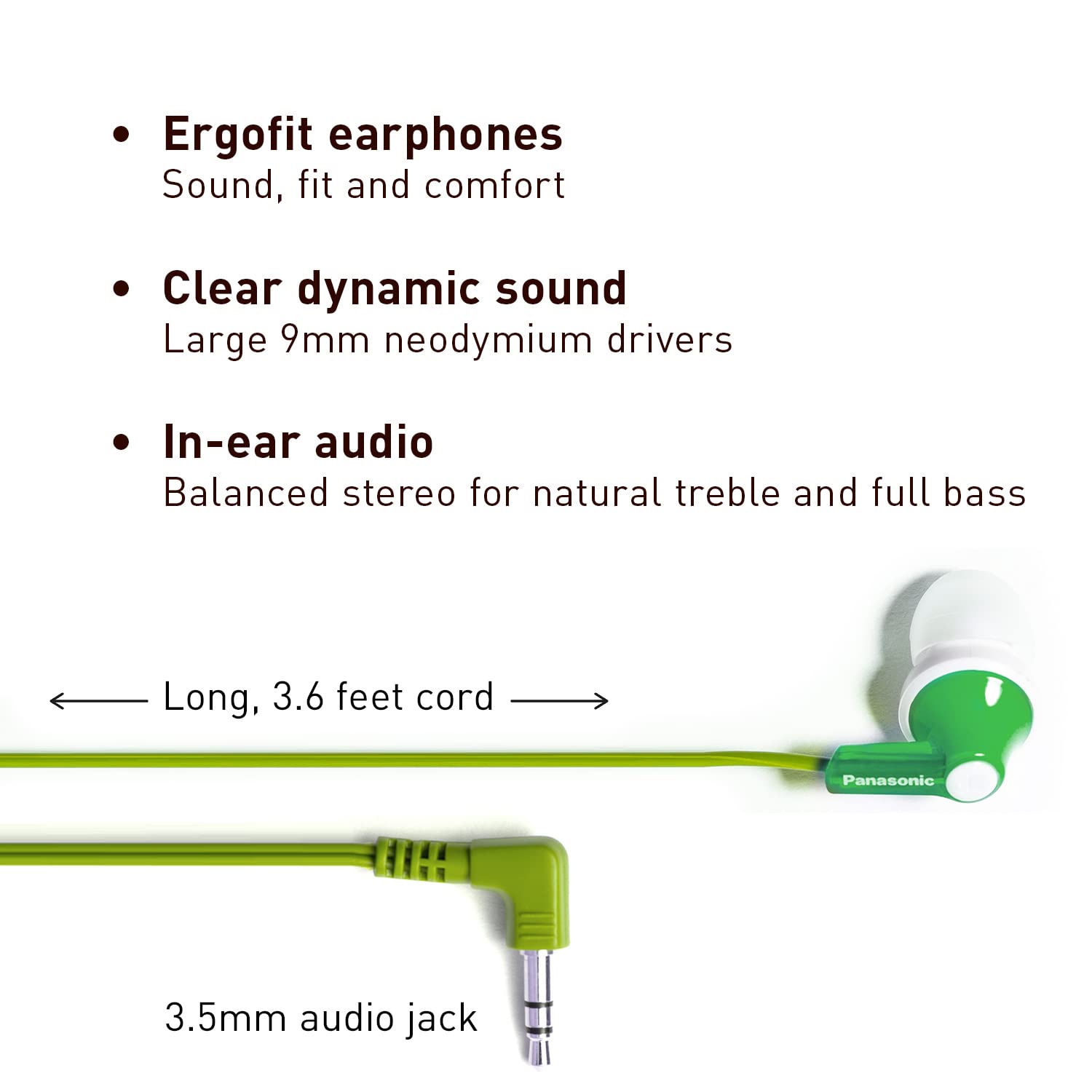 Panasonic ErgoFit Wired Earbuds, In-Ear Headphones with Dynamic Crystal-Clear Sound and Ergonomic Custom-Fit Earpieces (S/M/L), 3.5mm Jack for Phones and Laptops, No Mic - RP-HJE120-G (Green)