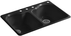 kohler k-5818-4-7 hartland self-rimming kitchen sink with four-hole faucet drilling, black black