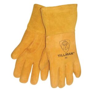 john tillman large 12"" gold premium heavyweight reverse deerskin cottonfoam lined mig welders gloves with 4"" cuff and kevlar thread locking stitch" (til35l)