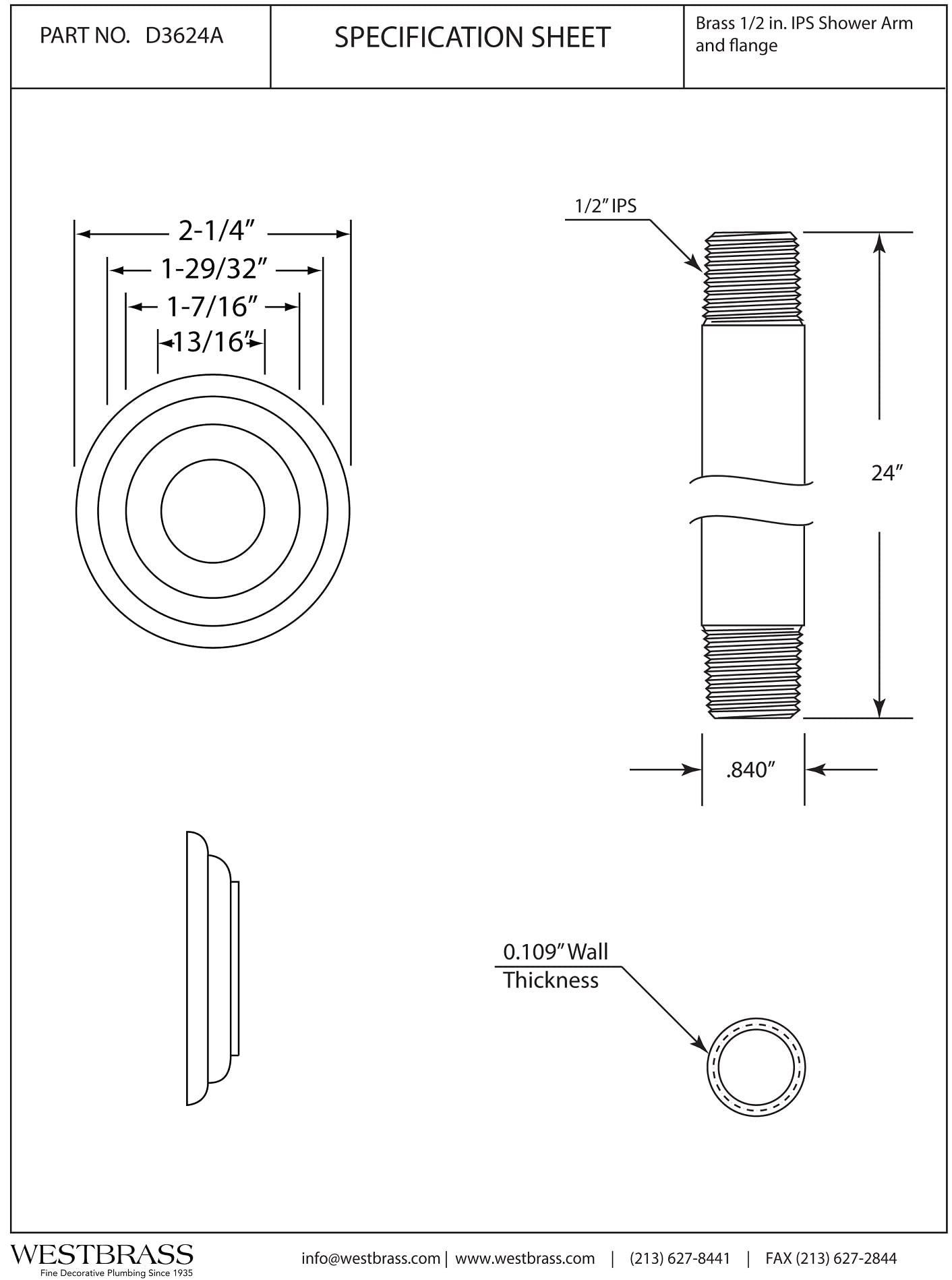 Westbrass 1/2" IPS x 24" Ceiling Mounted Shower Arm with Flange, Matte Black, D3624A-62