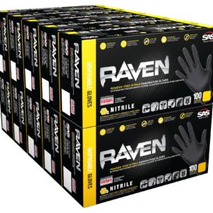 Raven 10 Pack SAS Safety 66517 6 mil Black Nitrile Disposable Gloves 7 Mil - Medium (100 Gloves per Box)