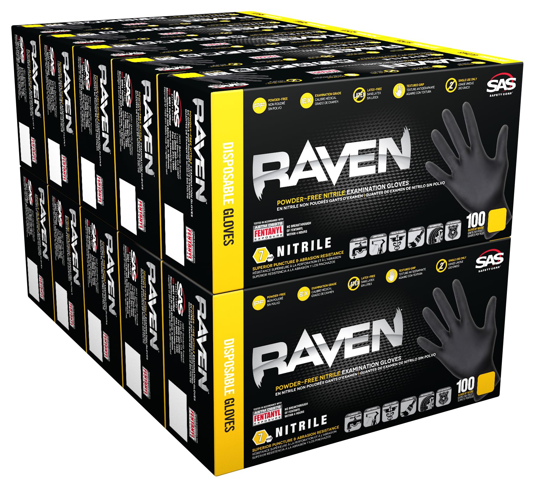 Raven 10 Pack SAS Safety 66517 6 mil Black Nitrile Disposable Gloves 7 Mil - Medium (100 Gloves per Box)