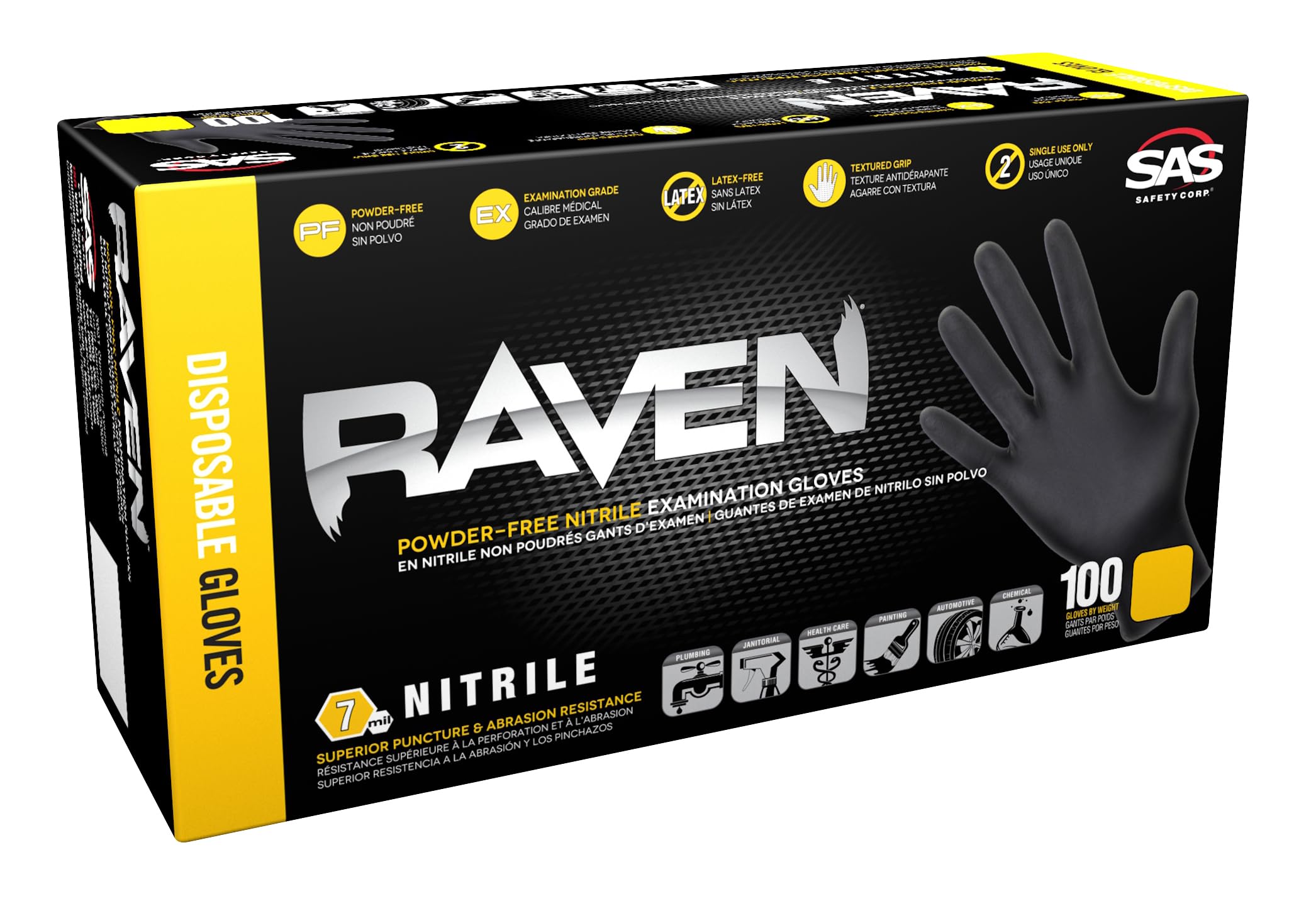 Raven 10 Pack SAS Safety 66517 6 mil Black Nitrile Disposable Gloves 7 Mil - Medium (100 Gloves per Box)