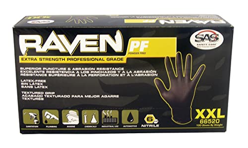 10 Pack SAS Safety 66519 Raven 6 mil Black Nitrile Disposable Gloves - X-Large (100 Gloves per Box)