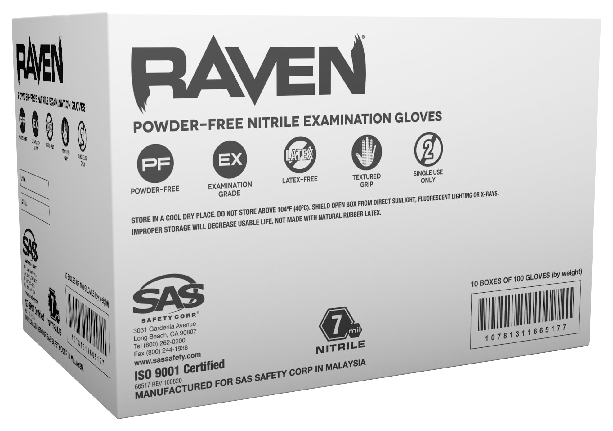 Raven 10 Pack SAS Safety 66517 6 mil Black Nitrile Disposable Gloves 7 Mil - Medium (100 Gloves per Box)