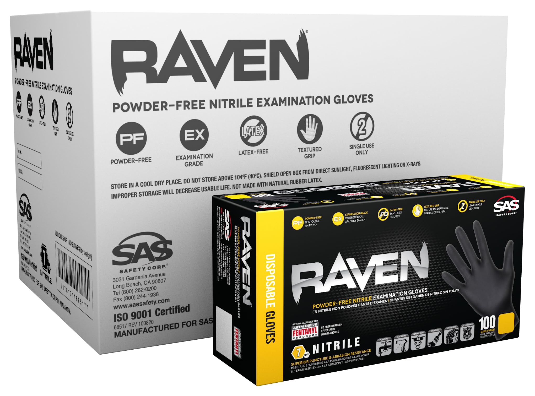 Raven 10 Pack SAS Safety 66517 6 mil Black Nitrile Disposable Gloves 7 Mil - Medium (100 Gloves per Box)