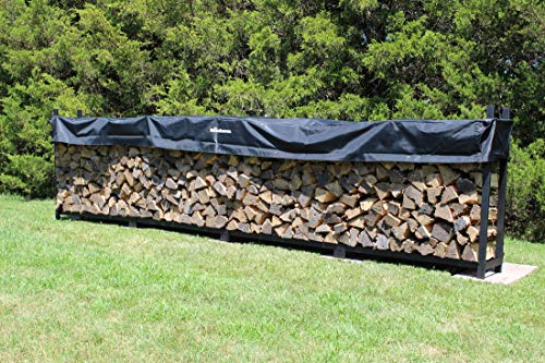 Woodhaven 16 Foot Black Large Outdoor Firewood Rack With Seasoning Cover - 1 Cord Fire Log Holder - Powder Coated Steel Firewood Holder - Made In USA (Cover)