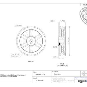 TB Woods 2BK1601716 FHP Bored-to-size V-Belt Sheave, B Belt Section, 2 Grooves, 1-4/9" Bore, Cast Iron, 15.75" OD, 1590 max rpm