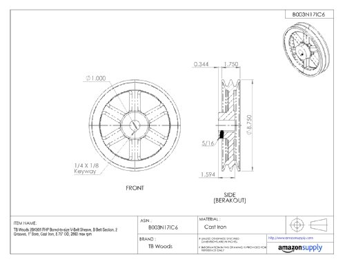 TB Woods 2BK1601716 FHP Bored-to-size V-Belt Sheave, B Belt Section, 2 Grooves, 1-4/9" Bore, Cast Iron, 15.75" OD, 1590 max rpm