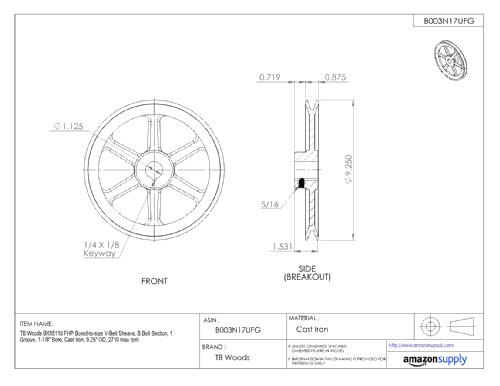 TB Woods BK1301 FHP Bored-to-size V-Belt Sheave, B Belt Section, 1 Groove, 1" Bore, Cast Iron, 12.75" OD, 1970 max rpm