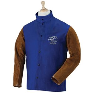 revco frb9-30c/bs-l black stallion hybrid fr and cowhide welding coat, 9 oz., large, royal blue/brown