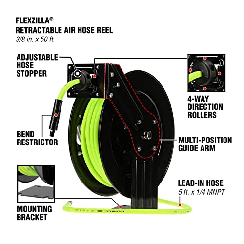 Flexzilla Open Face Retractable Air Hose Reel, 3/8 in. x 50 ft., Heavy Duty, Lightweight, Hybrid, ZillaGreen - L8611FZ