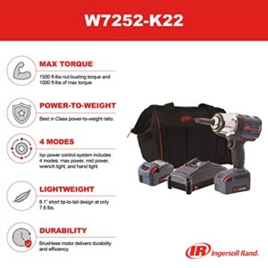 Ingersoll Rand W7252-K22 20V High-torque 1/2" Drive Cordless Impact Wrench Kit, 1500 ft-lbs Nut-busting Torque, 2 Batteries and Charger, 2" Extended Anvil