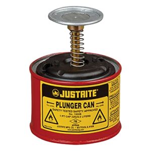 justrite 10008 1 pint, 5.25" h, 4 7/8" o.d, premium coated steel plunger can with brass and ryton pump assembly, red