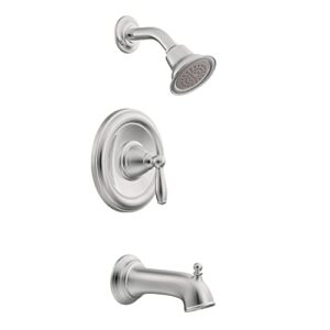 moen brantford chrome pressure balancing modern bathtub and shower trim kit with shower head, shower handle, and tub spout, shower faucet set (posi-temp valve required), t62153ep