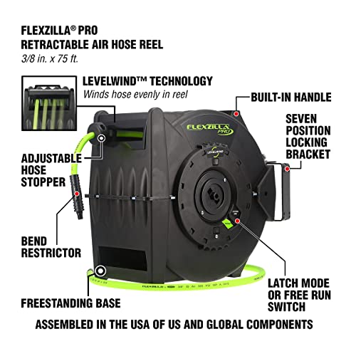 Flexzilla Levelwind Retractable Air Hose Reel, 3/8 in. x 75 ft., Heavy Duty, Lightweight, Hybrid, ZillaGreen - L8306FZ