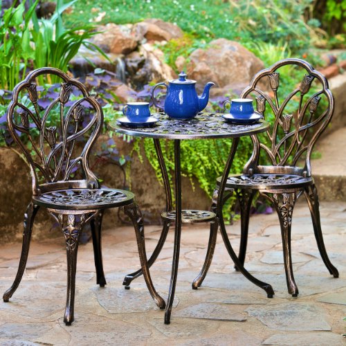 Best Selling Nassau Cast Aluminum Outdoor Bistro Furniture Set, Brown, 23 by 23 by 26