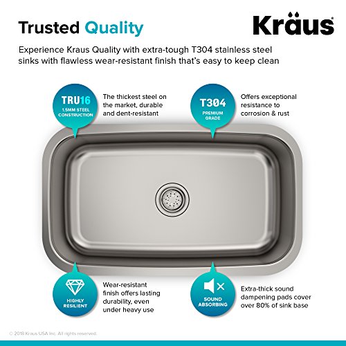 Kraus KBU14 31-1/2 inch Undermount Single Bowl 16-gauge Stainless Steel Kitchen Sink