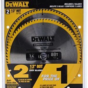 DEWALT Miter Saw Blade, 80 Tooth, 12 Inch, 2 Pack, Stainless Steel (DW3128P5D80I)