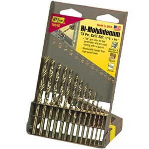 ivy classic 10590 13-piece hi-molybdenum steel drill bit set, 135-degree split point, usa, sturdy metal case