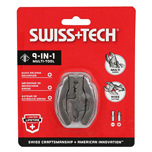 SWISS+TECH ST50016 Polished Stainless Steel 9-in-1 Micro Pocket Multitool with Screwdrivers, Pliers (Single Pack)