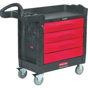 rubbermaid commercial trademaster 4 drawer mobile work center, 43" l x 19" w x 29" h, black/red (fg451388bla)