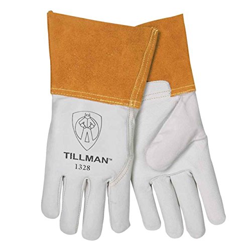 John Tillman and Co Medium 12 12" Pearl and Gold Top Grain Goatskin Unlined TIG Welders Gloves with 4" Cuff and Kevlar Thread Locking Stitch (Carded), 1328M