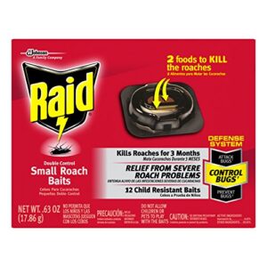 raid double control small roach baits, child resistant, for indoor use, kills roaches for 3 months, 12 count